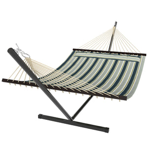 Hamac sur pied 353 cm, hamac avec support acier avec coussin amovible et barres d'écartement, pour intérieur et extérieur, lit de sieste rayé, vert
