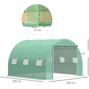 Serre de jardin 9 m², serre tunnel de jardin 3 x 3 x 2 m avec porte enroulable et 6 fenêtres en maille, serre en acier et PE haute densité, résistante aux UV, vert