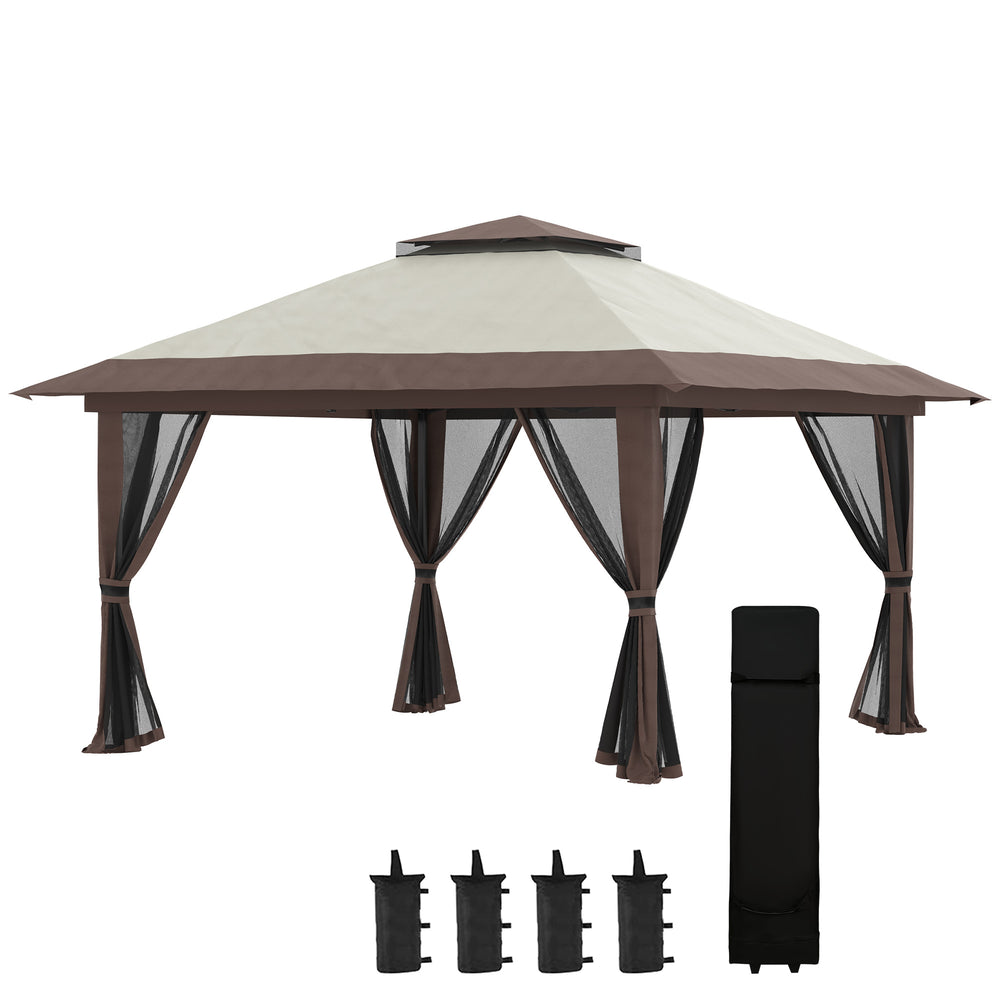 Tonnelle de jardin extérieur barnum de jardin pop-up tente pliant 4 x 4 m double toit protection UV 50+ 4 moustiquaires, 4 sacs de sable, 1 sac de transport tissu Oxford métal beige et marron