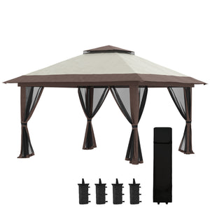 Tonnelle de jardin extérieur barnum de jardin pop-up tente pliant 4 x 4 m double toit protection UV 50+ 4 moustiquaires, 4 sacs de sable, 1 sac de transport tissu Oxford métal beige et marron