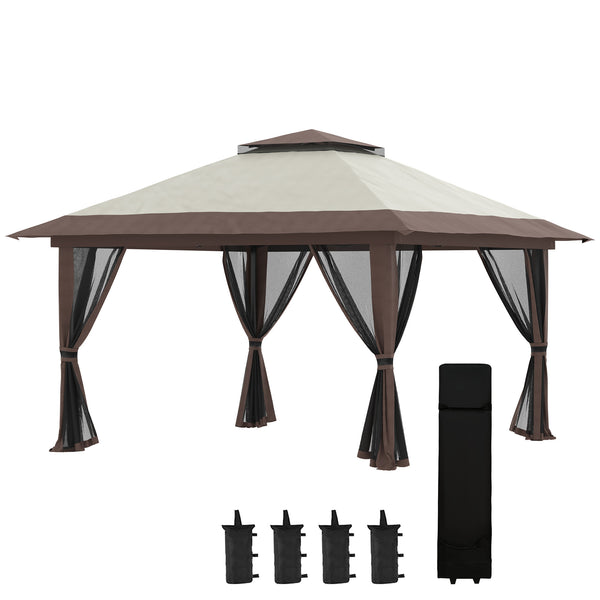 Tonnelle de jardin extérieur barnum de jardin pop-up tente pliant 4 x 4 m double toit protection UV 50+ 4 moustiquaires, 4 sacs de sable, 1 sac de transport tissu Oxford métal beige et marron