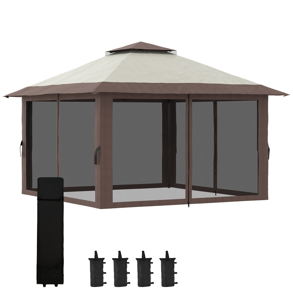 Tonnelle de jardin extérieur barnum de jardin pop-up tente pliant 4 x 4 m double toit protection UV 50+ 4 moustiquaires, 4 sacs de sable, 1 sac de transport tissu Oxford métal beige et marron