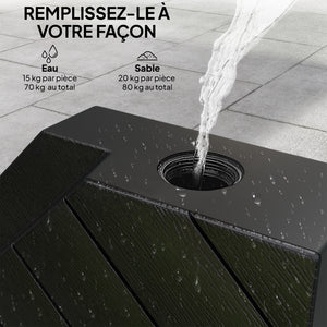 Lot de 4 dalles de parasol Poids de lestage carré pour parasols déportés pieds croix - à remplir d'eau ou de sable jusqu'à 60/80 kg - Noir