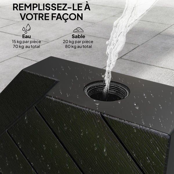 Lot de 4 dalles de parasol Poids de lestage carré pour parasols déportés pieds croix - à remplir d'eau ou de sable jusqu'à 60/80 kg - Noir