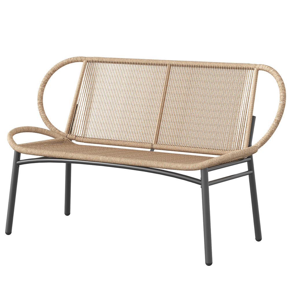Banc de Jardin 2 Places en Résine Tressée, Banc Extérieur, Dossier et Assise Respirants, Résistant aux Intempéries, Cadre en Métal, Capacité 320kg, pour Patio, Terrasse, 138x62x83cm, Naturel