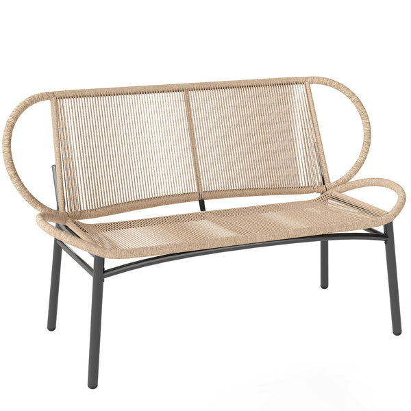 Banc de Jardin 2 Places en Résine Tressée, Banc Extérieur, Dossier et Assise Respirants, Résistant aux Intempéries, Cadre en Métal, Capacité 320kg, pour Patio, Terrasse, 138x62x83cm, Naturel