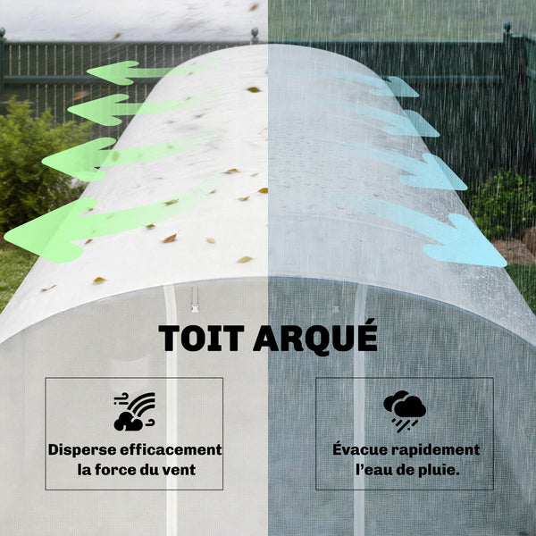 Serre tunnel de jardin 24m², serre de jardin tunnel 295x798x198cm avec cadre en acier galvanisé, portes et 2 grandes fenêtres, bâche PE haute densité 140 g/m² prolongée de 20 cm, blanc