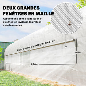 Serre tunnel de jardin 24m², serre de jardin tunnel 295x798x198cm avec cadre en acier galvanisé, portes et 2 grandes fenêtres, bâche PE haute densité 140 g/m² prolongée de 20 cm, blanc