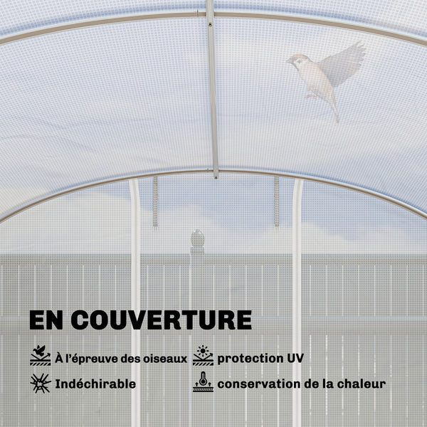 Serre tunnel de jardin 24m², serre de jardin tunnel 295x798x198cm avec cadre en acier galvanisé, portes et 2 grandes fenêtres, bâche PE haute densité 140 g/m² prolongée de 20 cm, blanc