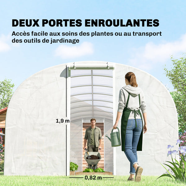 Serre tunnel de jardin 24m², serre de jardin tunnel 295x798x198cm avec cadre en acier galvanisé, portes et 2 grandes fenêtres, bâche PE haute densité 140 g/m² prolongée de 20 cm, blanc
