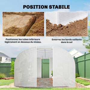 Serre tunnel de jardin 24m², serre de jardin tunnel 295x798x198cm avec cadre en acier galvanisé, portes et 2 grandes fenêtres, bâche PE haute densité 140 g/m² prolongée de 20 cm, blanc