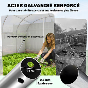 Serre tunnel de jardin 24m², serre de jardin tunnel 295x798x198cm avec cadre en acier galvanisé, portes et 2 grandes fenêtres, bâche PE haute densité 140 g/m² prolongée de 20 cm, blanc