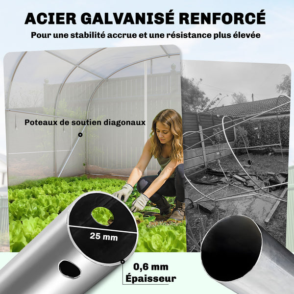 Serre tunnel de jardin 24m², serre de jardin tunnel 295x798x198cm avec cadre en acier galvanisé, portes et 2 grandes fenêtres, bâche PE haute densité 140 g/m² prolongée de 20 cm, blanc