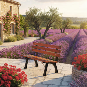 Banc de jardin extérieur 2 places en aluminium et lattes de bois, dim. 120L x 57l x 70H cm