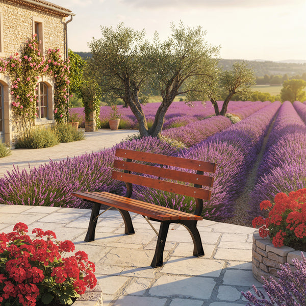 Banc de jardin extérieur 2 places en aluminium et lattes de bois, dim. 120L x 57l x 70H cm