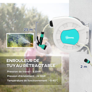 Enrouleur tuyau arrosage, dévidoir de tuyaux d'eau, 25+2 m, avec support mural + poignée, pivotant à 180°, 7 options de jets d'arrosage, gris clair