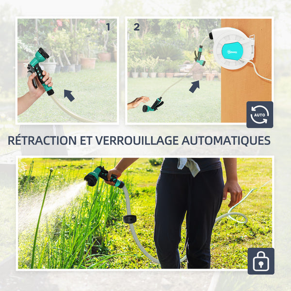 Enrouleur tuyau arrosage, dévidoir de tuyaux d'eau, 25+2 m, avec support mural + poignée, pivotant à 180°, 7 options de jets d'arrosage, gris clair