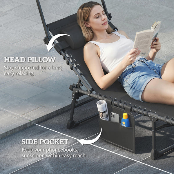 Bain de Soleil 5 Positions Inclinables avec Canopy Coussin Appuie-tête, Lit de Soleil Portable avec Poche Latérale et Poignée de Transport, pour Plage Camping Piscine, 190x57x30cm, Gris Foncé