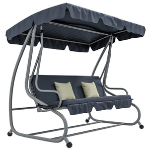 Balancelle de Jardin 3 Places Convertible Toit Inclinaison réglable 2 tablettes Support 2L x 1,2l x 1,64H m métal époxy Noir Polyester Gris