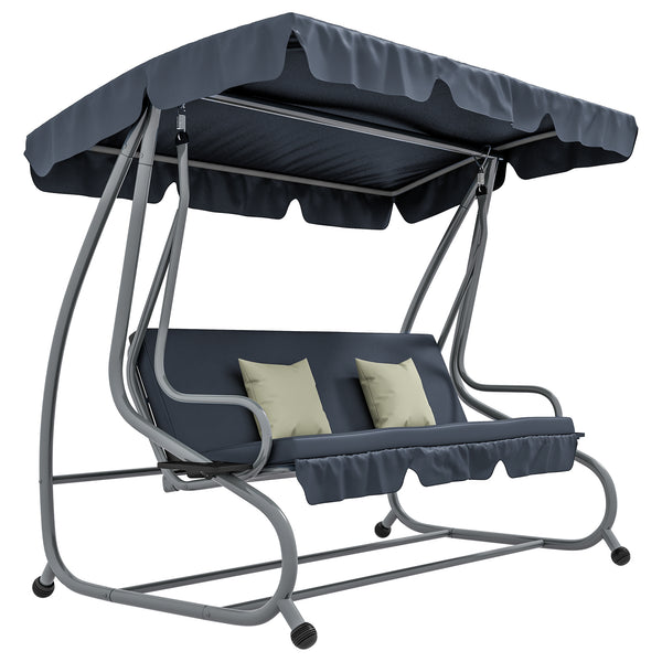 Balancelle de Jardin 3 Places Convertible Toit Inclinaison réglable 2 tablettes Support 2L x 1,2l x 1,64H m métal époxy Noir Polyester Gris