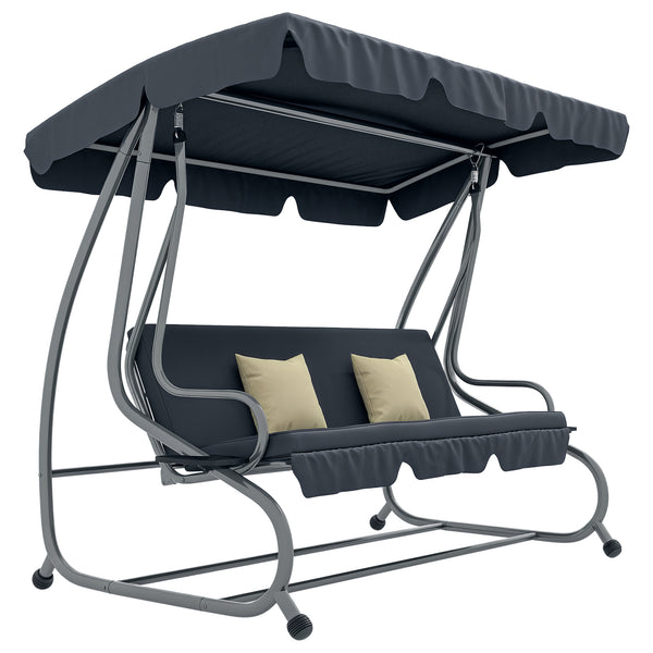 Balancelle de Jardin 3 Places Convertible Toit Inclinaison réglable 2 tablettes Support 2L x 1,2l x 1,64H m métal époxy Noir Polyester Gris