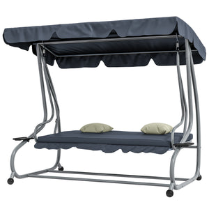 Balancelle de Jardin 3 Places Convertible Toit Inclinaison réglable 2 tablettes Support 2L x 1,2l x 1,64H m métal époxy Noir Polyester Gris