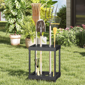 Organisateur d'outils de jardin, support à outils de jardin 16 compartiments à 2 niveaux avec coussinets réglables pour sécateurs, pelles, râteaux, pour abri, garage, noir
