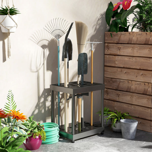 Organisateur d'outils de jardin, support à outils de jardin 16 compartiments à 2 niveaux avec coussinets réglables pour sécateurs, pelles, râteaux, pour abri, garage, noir