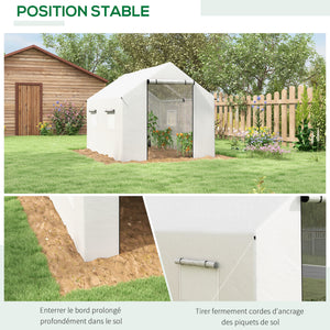 Serre de jardin tunnel 2 x 3m, 6m² avec porte enroulable, 4 fenêtres, - Acier galvanisé PE Haute densité Blanc
