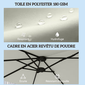 Parasol de jardin extérieur 459 x 266 cm, parasol double avec manivelle, polyester 180g/m², protection UV 50+, housse de protection inclus, pour patio, terrasse, crème