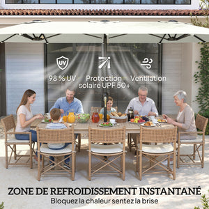 Parasol de jardin extérieur 459 x 266 cm, parasol double avec manivelle, polyester 180g/m², protection UV 50+, housse de protection inclus, pour patio, terrasse, crème