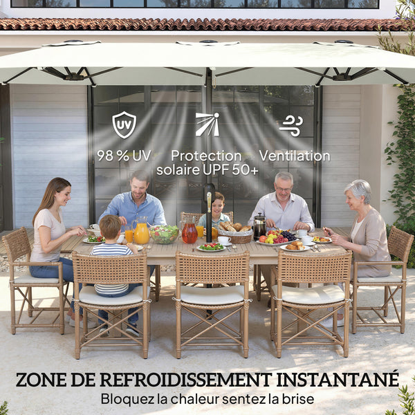 Parasol de jardin extérieur 459 x 266 cm, parasol double avec manivelle, polyester 180g/m², protection UV 50+, housse de protection inclus, pour patio, terrasse, crème