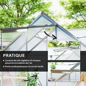 Serre de Jardin 2,5 m² en Aluminium Polycarbonate avec Fondation, 192,5 x 131 x 200 cm, Serre avec Fenêtre Réglable et Porte Coulissante, Abri Extérieur Résistant aux Intempéries, Argent