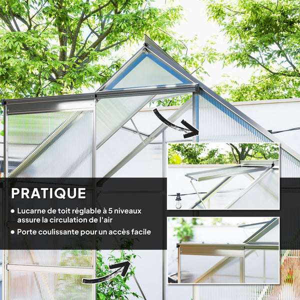 Serre de Jardin 2,5 m² en Aluminium Polycarbonate avec Fondation, 192,5 x 131 x 200 cm, Serre avec Fenêtre Réglable et Porte Coulissante, Abri Extérieur Résistant aux Intempéries, Argent