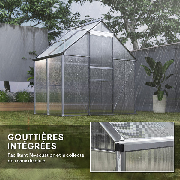 Serre de Jardin 2,5 m² en Aluminium Polycarbonate avec Fondation, 192,5 x 131 x 200 cm, Serre avec Fenêtre Réglable et Porte Coulissante, Abri Extérieur Résistant aux Intempéries, Argent