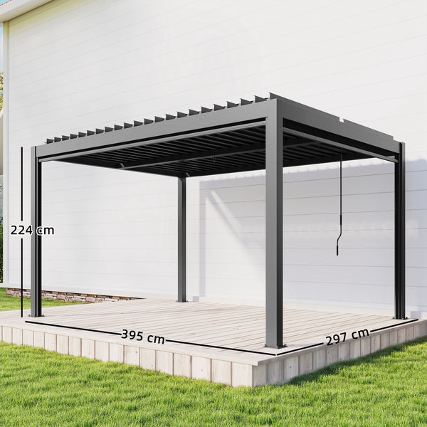 Pergola bioclimatique 4x3m, pergola aluminium avec lames orientables, manivelle, stores latéraux coupe-vent, tonnelle de jardin abri terrasse, protection soleil, imperméable, gris foncé