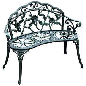 Banc de Jardin 2 Places Style néo-rétro Motif Rose Lignes fuselées 100L x 54l x 78H cm Fonte d'aluminium Vert Vieilli