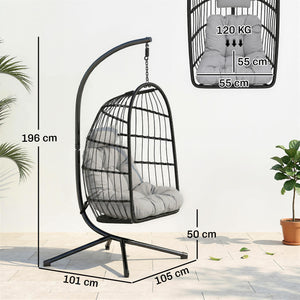 Fauteuil Suspendu Œuf avec Support, Balancelle Jardin Extérieur avec Panier Pliable en Rotin, Coussin Épais, Appui‑tête, Hauteur Réglable, Structure Métallique pour Intérieur et Extérieur, Gris clair