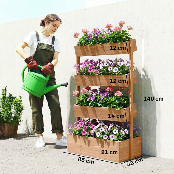 Jardinière en bois 4 niveaux, jardinière surélevée extérieure avec orifices de drainage et toile non tissée, bac pour cultures, plantes, fleurs, pour terrasse, jardin, 85x45x140 cm, Marron