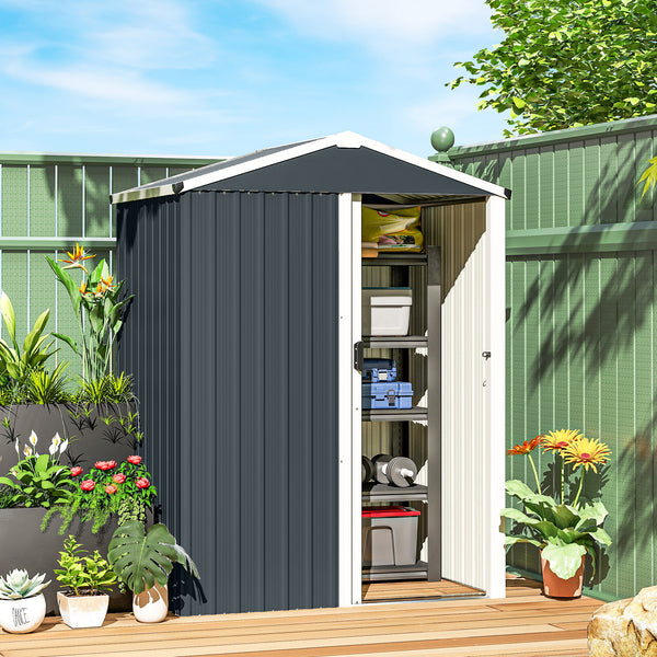 Abri de jardin en métal, cabane de jardin extérieure 136 x 87 x 179 cm, porte coulissante verrouillable, toit pointu et gants, cabanon rangement outils en acier galvanisé, gris foncé