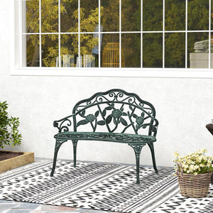 Banc de Jardin 2 Places Style néo-rétro Motif Rose Lignes fuselées 100L x 54l x 78H cm Fonte d'aluminium Vert Vieilli