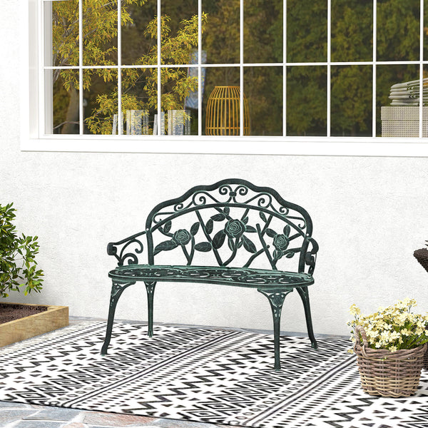 Banc de Jardin 2 Places Style néo-rétro Motif Rose Lignes fuselées 100L x 54l x 78H cm Fonte d'aluminium Vert Vieilli