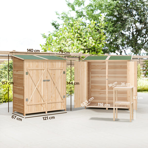 Armoire de jardin cabane à outils 140L x 75l x 157H cm 2 portes verrouillables tabouret de rangement toit en bitume imperméable bois de sapin pré-huilé
