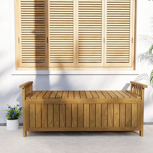 Banc de jardin en bois 2 places avec espace de rangement de 186L, banc d'extérieur avec accoudoirs, charge 240 kg, pour jardin balcon, 128,5 x 56 x 53,5 cm marron