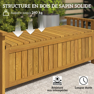 Banc de jardin en bois 2 places avec espace de rangement de 186L, banc d'extérieur avec accoudoirs, charge 240 kg, pour jardin balcon, 128,5 x 56 x 53,5 cm marron