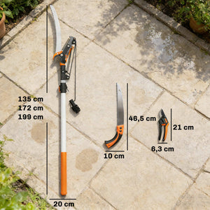 Élagueur télescopique 2 en 1, scie manuelle, sécateur avec verrou de sécurité, perche télescopique en aluminium 2 m avec lame tranchante, pour palmiers, arbustes et branches hautes
