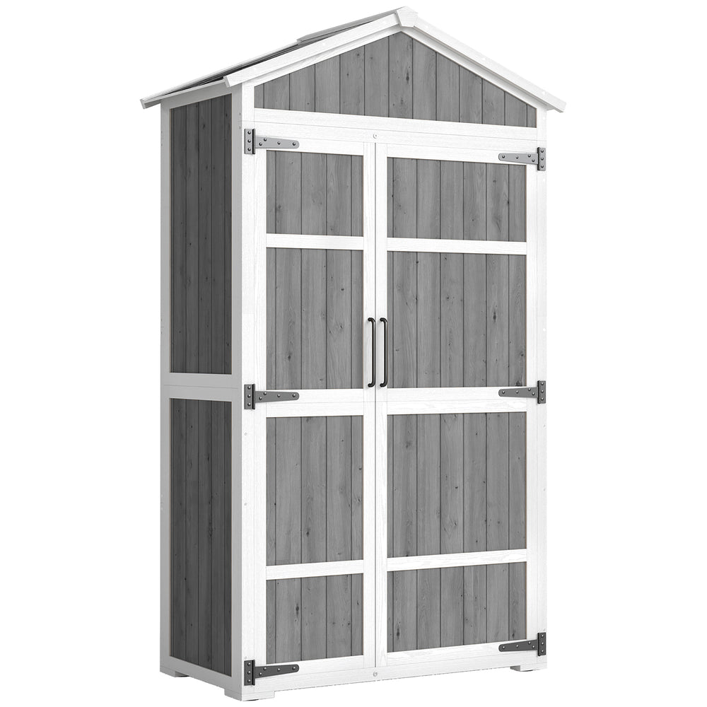 Armoire de Jardin en Bois - Abri de Jardin Extérieur Étanche avec Toit en Métal - Meuble de Rangement Terrasse à Double Porte pour Outils de Jardinage 105x55x179cm, Blanc et Gris