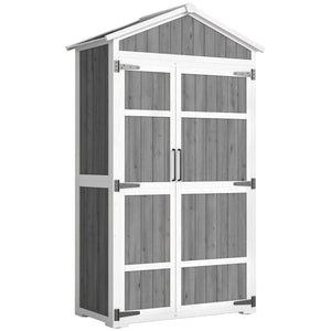 Armoire de Jardin en Bois - Abri de Jardin Extérieur Étanche avec Toit en Métal - Meuble de Rangement Terrasse à Double Porte pour Outils de Jardinage 105x55x179cm, Blanc et Gris
