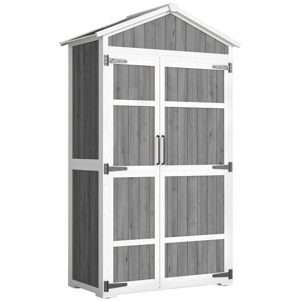 Armoire de Jardin en Bois - Abri de Jardin Extérieur Étanche avec Toit en Métal - Meuble de Rangement Terrasse à Double Porte pour Outils de Jardinage 105x55x179cm, Blanc et Gris