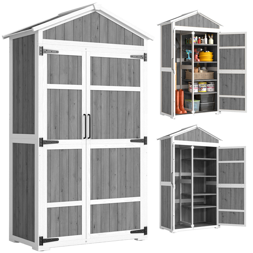 Armoire de Jardin en Bois - Abri de Jardin Extérieur Étanche avec Toit en Métal - Meuble de Rangement Terrasse à Double Porte pour Outils de Jardinage 105x55x179cm, Blanc et Gris